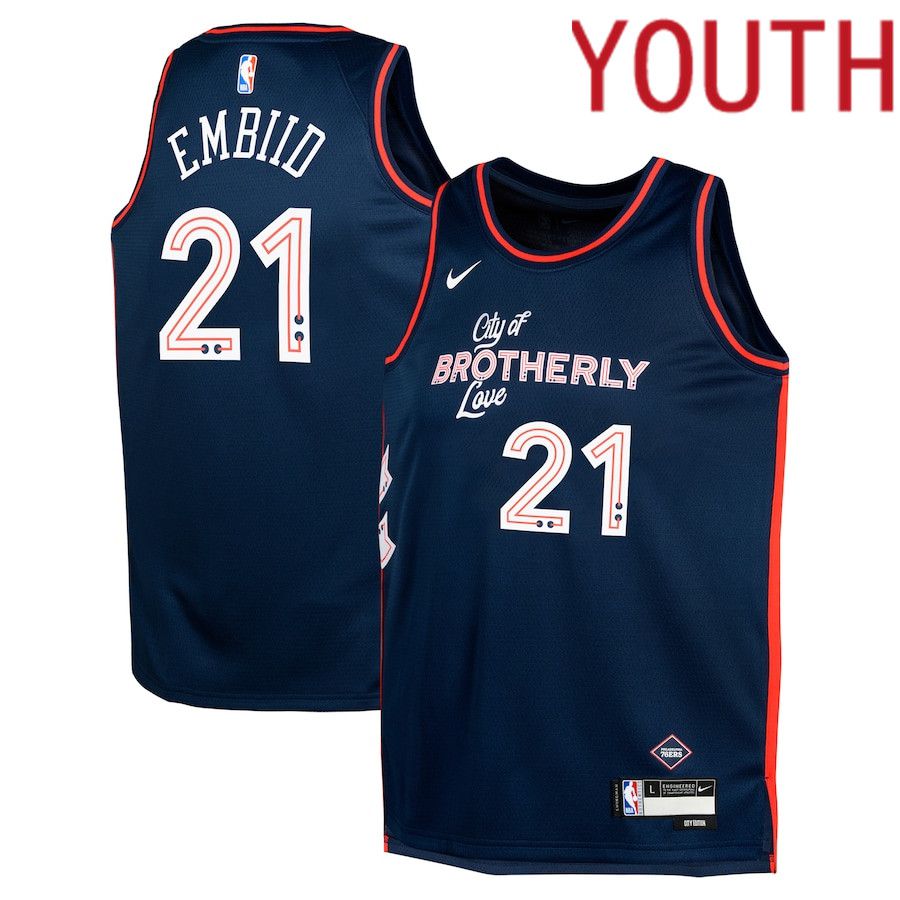 Youth Philadelphia 76ers #21 Joel Embiid Nike Navy City Edition 2023-24 Swingman Replica NBA Jersey->youth nba jersey->Youth Jersey